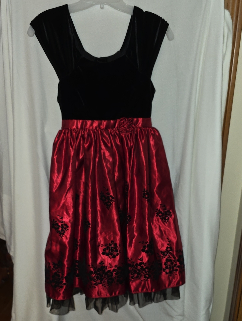 Jona Michelle Black Velvet Bodice with Red Satin Floral Skirt